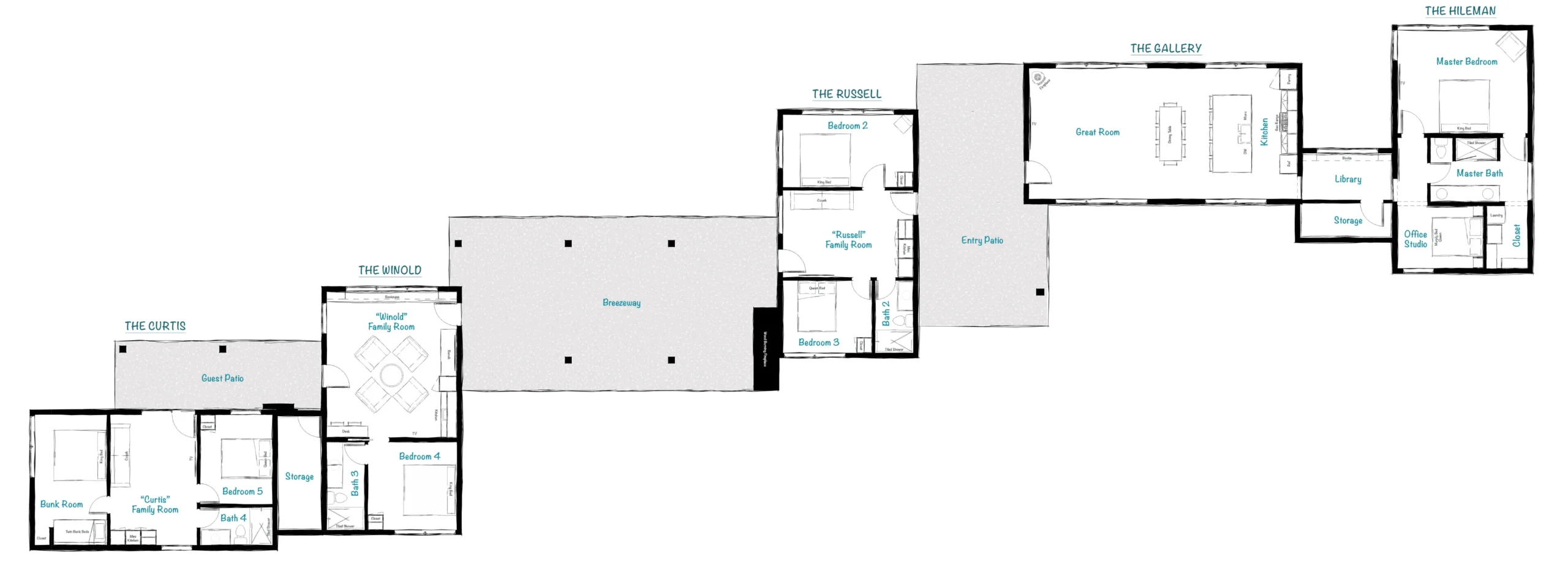 Labelled floor plan of Halfmoon Camp showing the Hileman, Gallery, Russell, Winold and Curtis wings